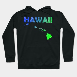 Colorful mandala art map of Hawaii with text in blue and green Hoodie